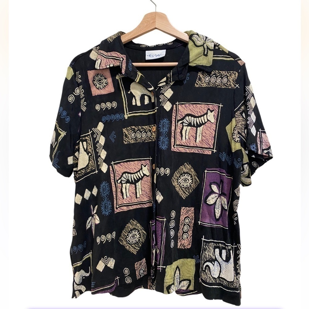 Vintage 90s Abstract Animals Y2K Super Stretchy‎ Collared Top- Graff Wear